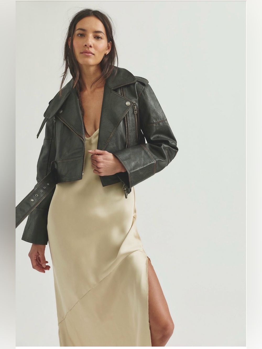 Free People We The Free KIKO Cropped Black 💯 Leather Moto Jacket NWT